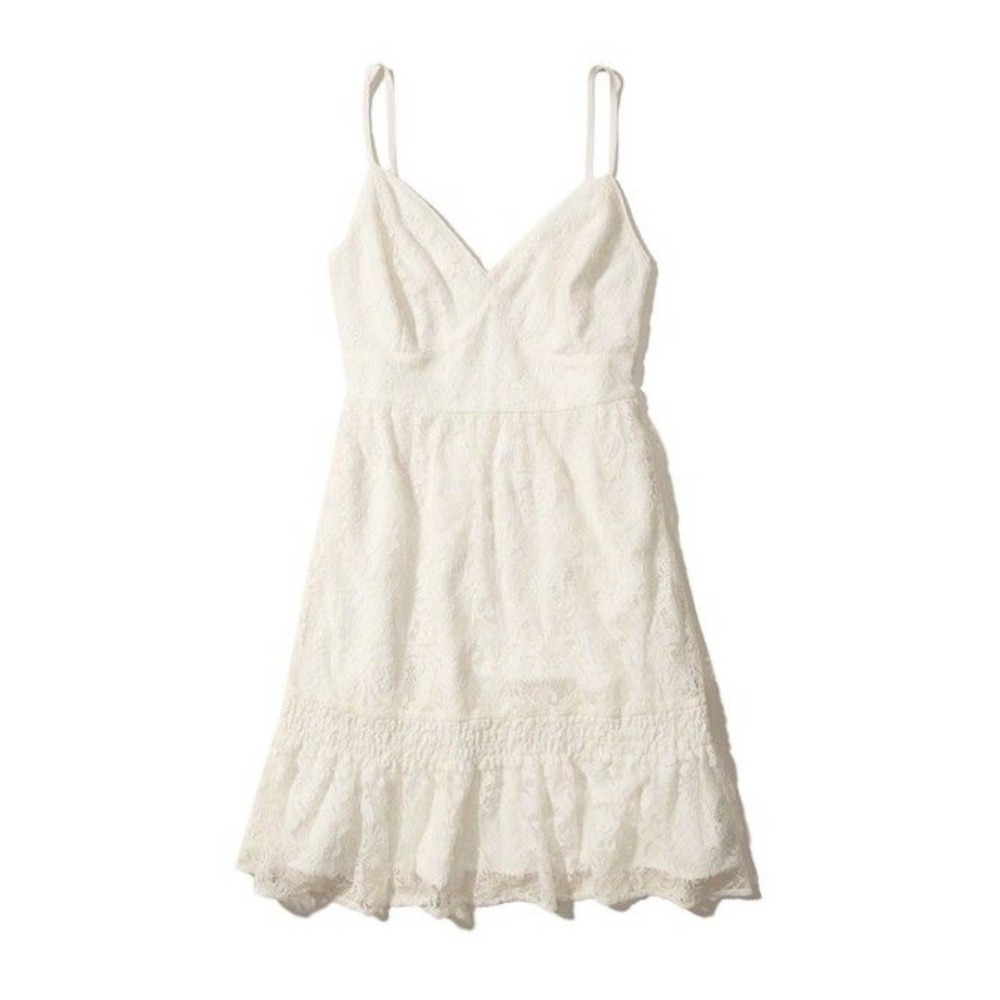 Hollister Ruffle Hem Off White Lace Mini V-Neck Strappy Lined Dress Size M NWT - Picture 1 of 12